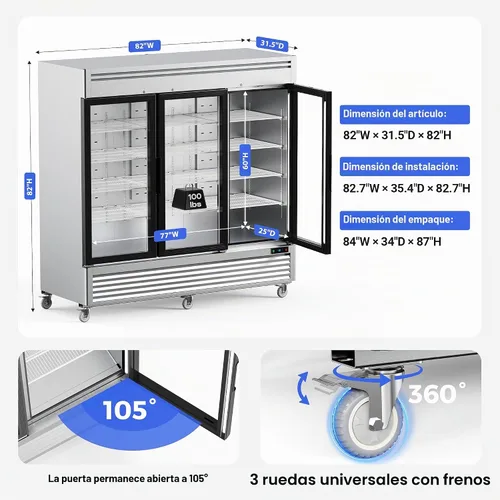 Vista 7 de Coolake Congelador comercial de 82 pulgadas, 3 puertas de vidrio, 72 pies cúbicos de acero inoxidable con luz LED, ventilador de -8 a 0 ℉