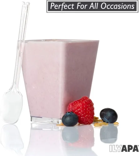 Vista 7 de Ilyapa Vasos de postre de plástico de 5 onzas, paquete de 20 mini tazas de postre con cucharas, taza pequeña transparente reutilizable