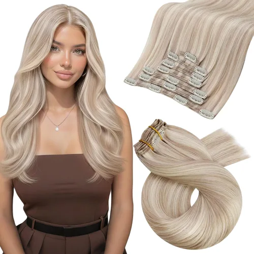 Vista 40 de Moresoo Extensiones de cabello humano con clip, balayage, color marrón oscuro a marrón dorado con clip, extensiones de cabello humano con clip, 5