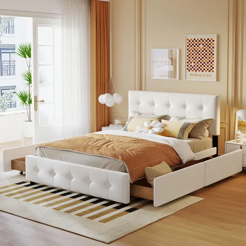 Vista 15 de P PURLOVE Cama de plataforma tapizada con 4 cajones, tamaño Queen, plataforma de almacenamiento con cabecero, no necesita somier, marco de cama beige