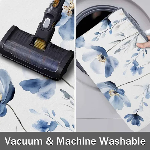 Vista 6 de Blue Flower Bathroom Runner Rug Bathmat Soft Bath Shower Bathtub Kitchen Door Mat,Botanical White Floral Plant Herb Watercolor Washable Floor