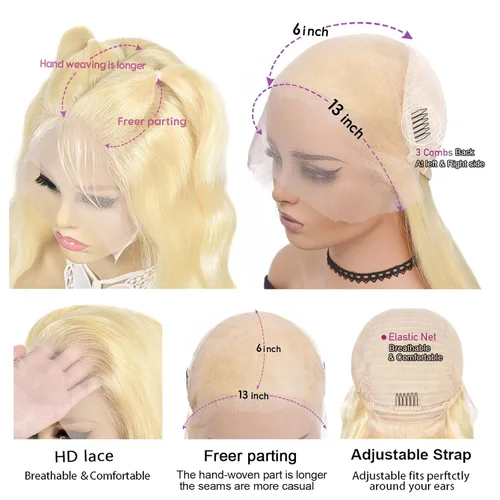 Vista 4 de Alipeacock Peluca de Encaje Frontal 613 13x6 de Cabello Humano Densidad 200% Ondas Corporales Rubias Pelucas de Encaje Frontal de Cabello Humano Pre