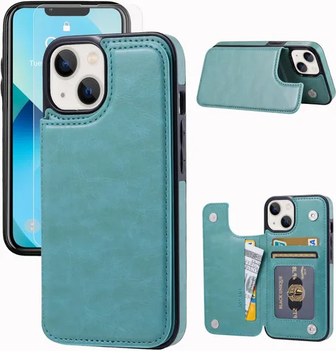 Vista 9 de Funda tipo cartera compatible con iPhone 13, funda protectora delgada con tarjetero, cuero PU con soporte y ranuras para tarjetas con un cristal