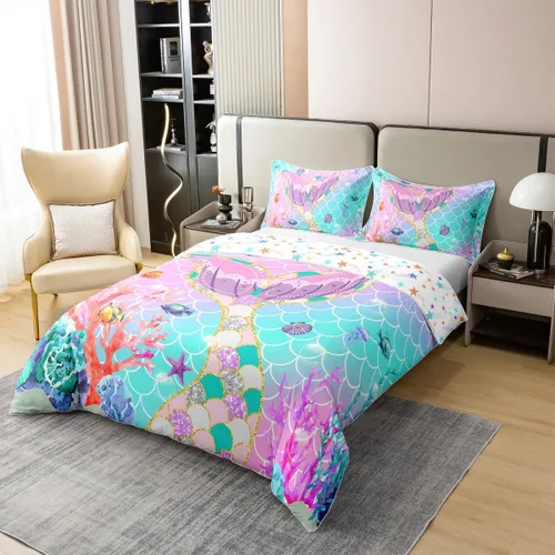 Vista 3 de Erosebridal Funda de edredón de cola de sirena de algodón 100% orgánico, tamaño individual, funda de edredón de escamas de peces para niños, juego