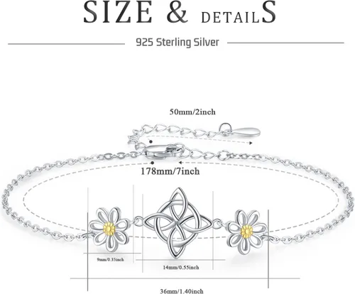Vista 5 de Midir&Etain Pulseras de protección de margaritas con nudo de brujas para mujer, pulsera celta, Nudo De Bruja Plata 925, pulsera original de buena