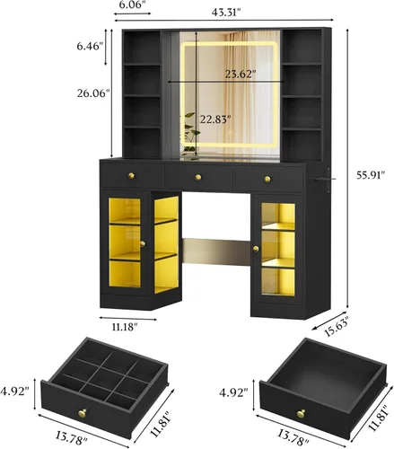 Vista 9 de Escritorio de maquillaje con espejo y luces, tocador negro de 43 pulgadas con parte superior de cristal, almacenamiento de joyas, 3 cajones
