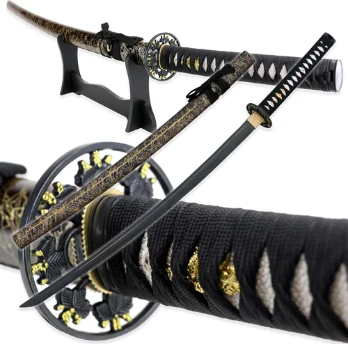 Vulcan Gear Espada samurái katana japonesa de hoja negra sagrada hecha a mano con soporte de espada de madera y vaina