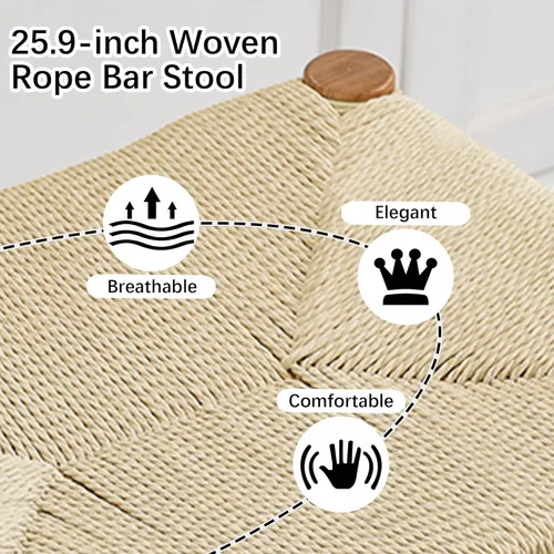 Vista 7 de Taburete de bar de cuerda tejida de 25.9 pulgadas, cuerda de papel hecha y hecho a mano, se puede utilizar como taburete de mostrador, taburete