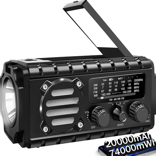 Radio de emergencia con manivela de 20000 mAh, radio meteorológica SW/NOAA/AM/FM, cargador de manivela alimentado por energía solar con batería