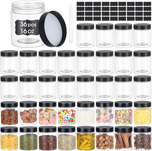 Vista 10 de OUSHINAN 48 frascos de plástico de 8 onzas con tapas de rosca, etiquetas, recipientes redondos vacíos rellenables para almacenar alimentos secos