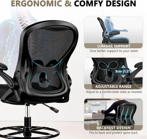 Vista 3 de Silla de oficina Winrise, silla alta ergonómica para escritorio de pie, silla de computadora con soporte lumbar, silla giratoria de malla