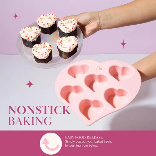 Vista 3 de Paris Hilton Molde de silicona con forma de corazón, molde antiadherente en forma de corazón, apto para horno para pasteles, brownies y postres, 6