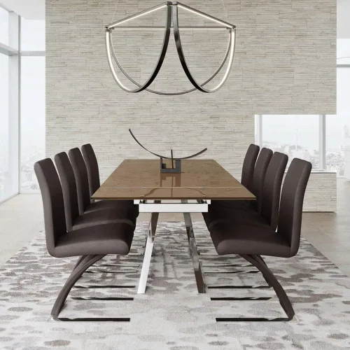 Vista 9 de ZURI Muebles Silla de comedor moderna Mesa en cuero sintético marrón y acero inoxidable
