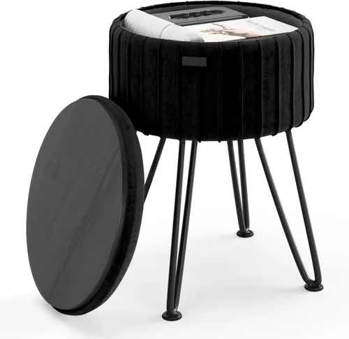 Vista 22 de STORAGEBUD Otomana redonda con almacenamiento, otomana de almacenamiento de bouclé, taburetes otomanos, taburete de tocador de maquillaje, pequeños