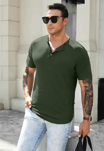 Vista 9 de JMIERR Camisas Henley para hombre con cuello redondo y botones