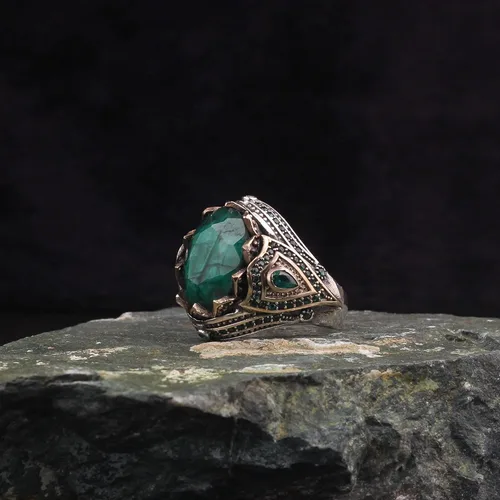 Vista 8 de Emerald Stone Men Silver Ring, 925 Sterling Silver Emerald Gemstone Ring, Handmade Engraved Turkish Silver Ring with Natural Emerald Stone gifts for
