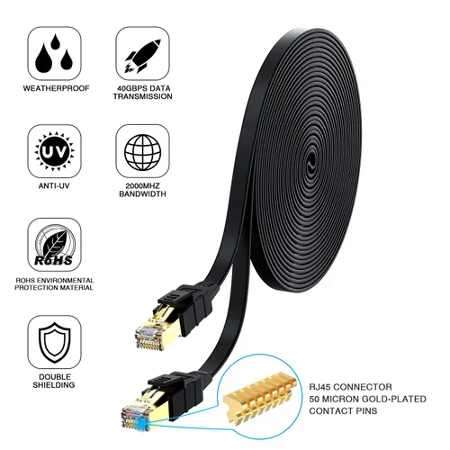 Vista 3 de Lovicool Cable Ethernet Cat 8 de 30 pies, cable de conexión LAN de Internet plano blindado negro de alta velocidad, 26 AWG 40 Gbps 2000 Mhz SFTP