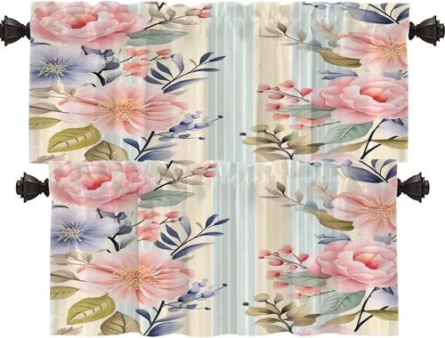 Vista 22 de Shrahala Beige and Orange Abstract Art Brushstrokes Tier Curtains for Kitchen Windows, Abstract Oil Paint Cafe Curtain Multilayer Polyester Blackout