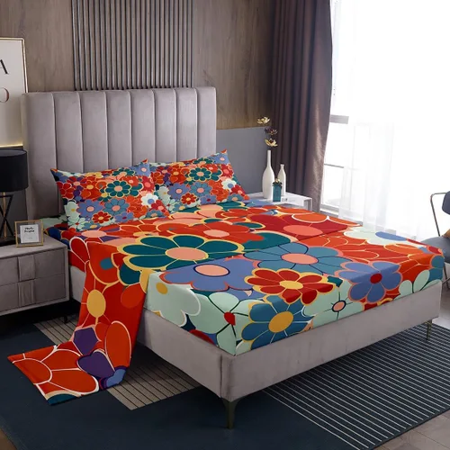 Vista 24 de Juego de ropa de cama floral bohemio de otoño Twin, juego de sábanas retro groovy flower power, sábanas de cama boho eyes hippie para adolescentes