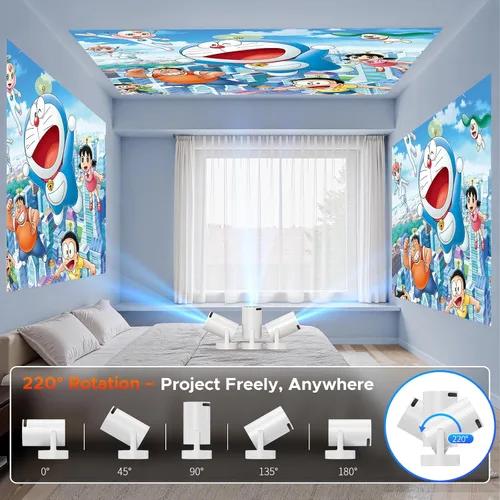Vista 4 de Mini proyector con WiFi y Bluetooth, proyector de película portátil inteligente compatible con 4K, 300 ANSI, altavoz base de 5 W, rotación de 220°