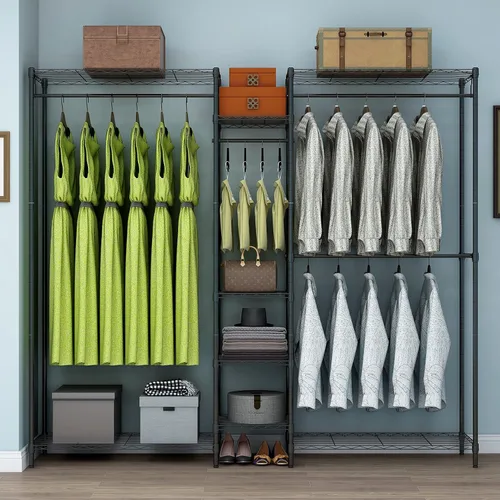 Vista 2 de XIOFIO Perchero de ropa resistente, perchero de metal con 4 varillas para colgar y 4 estantes grandes, 4 estantes pequeños, estante de armario