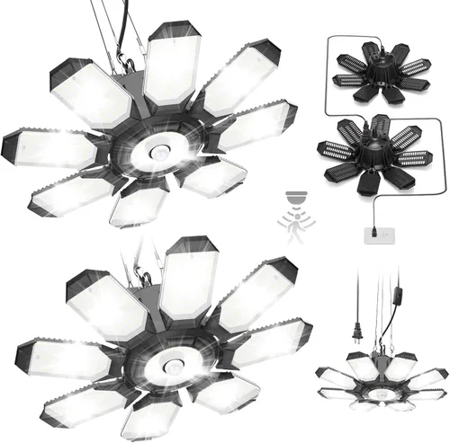 Vista 13 de TANBABY Luz LED mejorada para garaje, luz de techo LED deformable de 150 W, 15000 lm, E26/E27, iluminación de garaje con bombilla de 6+1 paneles