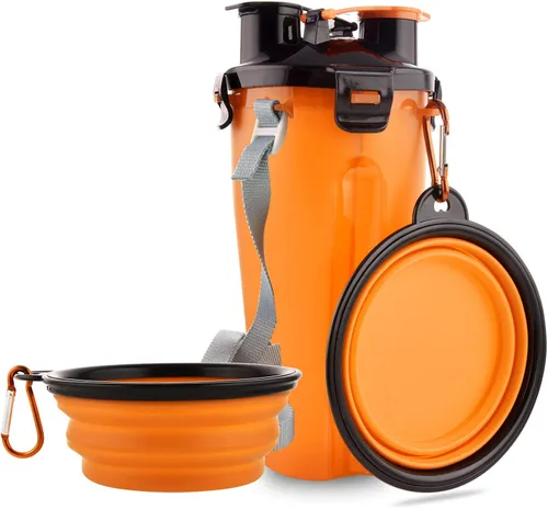 Botella de agua de viaje para perros, cuencos plegables 2 en 1, contenedor de comida para mascotas con cuencos plegables, cuencos de agua portátiles