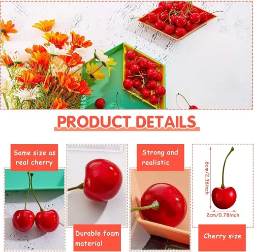 Vista 2 de Skylety 30 piezas de cerezas falsas decoraciones de frutas artificiales, modelo de fruta falsa de cereza de imitación roja para decoración