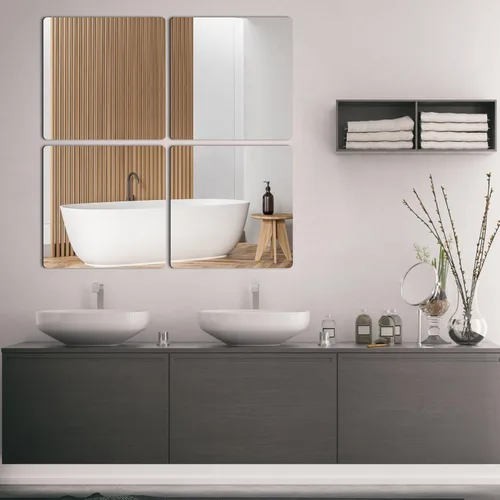Vista 5 de 4 azulejos de espejo de pared, espejo cuadrado acrílico autoadhesivo de 10 x 10 pulgadas, hojas de espejo flexibles, calcomanías de pared sin marco