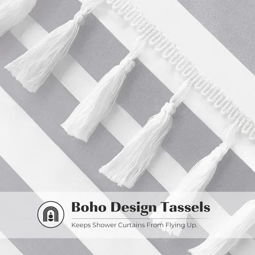 Vista 4 de Cortina de ducha gris Seasonwood Moderna de tela con borlas blancas, cortinas de ducha estilo casa de campo a rayas, impermeable, 72x72 pulgadas
