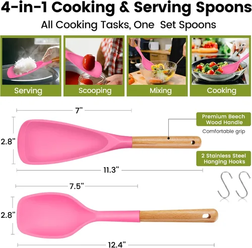 Vista 4 de Juego de cucharas de cocina de silicona grandes, 2 cucharas de servir resistentes al calor, espátula antiadherente multifunción para mezclar