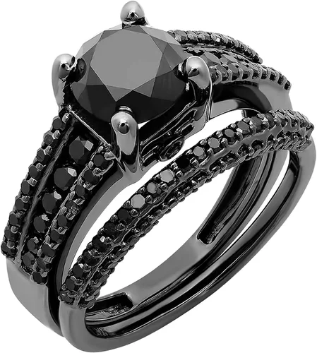 Dazzlingrock Collection Juego de anillos de compromiso de 3.20 quilates (tw), estilo nupcial, estilo nupcial, multifila de diamantes negros, plata