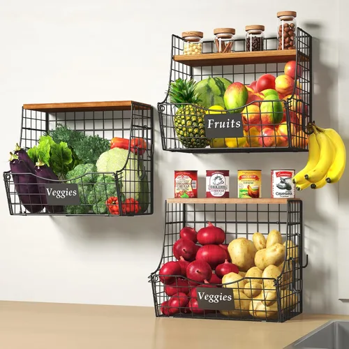 Vista 3 de Paquete de 3 cestas de frutas para cocina con tapa de madera - Almacenamiento de cebollas y papas montado en mostrador y pared con placa