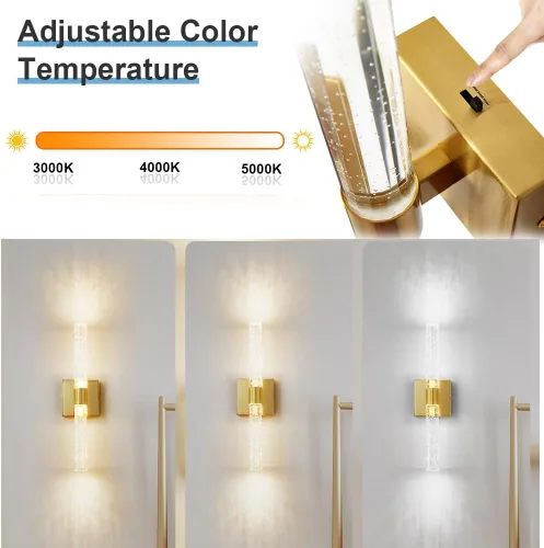 Vista 3 de Biewalk Aplique de pared dorado de 14 W, luz LED de cristal regulable, apliques de tocador de baño, aplique de pared moderno para dormitorio, sala