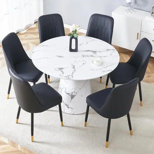 Vista 9 de Mesa de comedor redonda para mesa de comedor de 4/6, 45 pulgadas, mesa de cocina pequeña con pedestal estable, mesa de comedor moderna para cocina