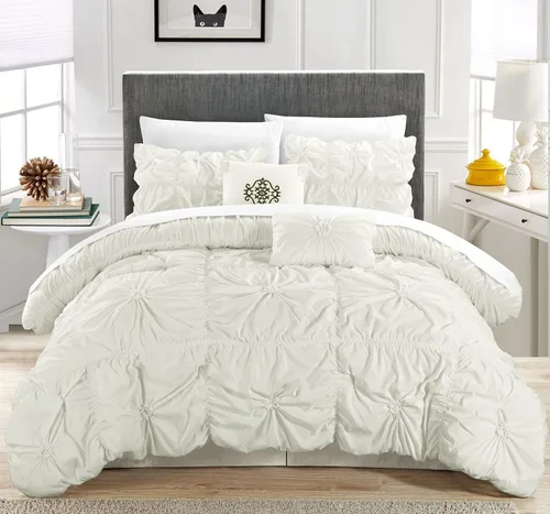 Vista 2 de Chic Home Halpert - Juego de edredón de 6 piezas con diseño floral plisado con volantes, ropa de cama con falda de cama y fundas de almohada