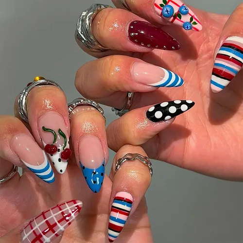 Vista 46 de Uñas postizas largas a presión, color negro, diseño francés y floral, 24