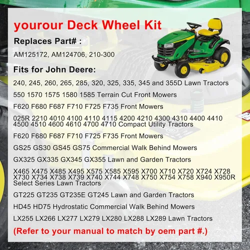 Vista 2 de AM125172 Kit de rueda de cubierta compatible con John Deere 48, 54, 60, 72 pulgadas, cortacésped de cubierta de repuesto OEM AM125172 (4 piezas)