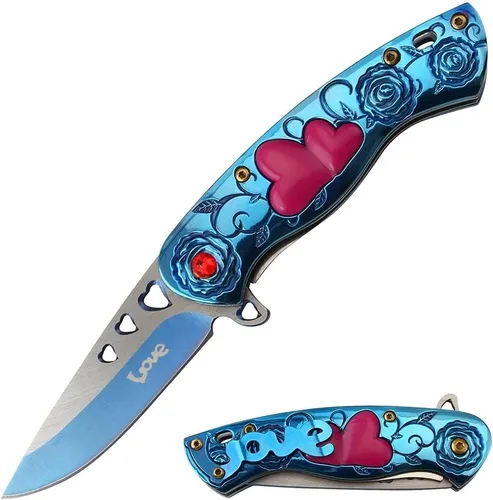 Snake Eye Tactical 7" Cuchillo de bolsillo para damas en forma de corazón de Cupido del día de San Valentín con clip de bolsillo AMOR incluido (Azul)