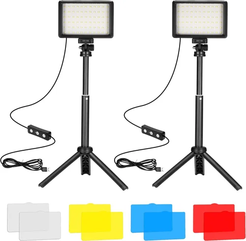 LED Video Light 2-Pack, 5600K Dimmable USB Photo Lights with Mini Tripod and Colored Filters for Photo Studios, Small Angle Shooting, Video