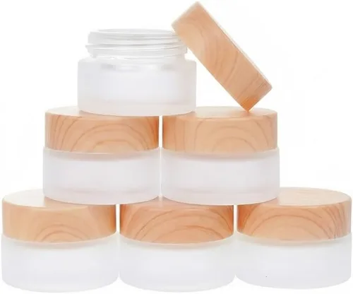 Vista 9 de 6 piezas de contenedor de cosméticos de vidrio con tapa de grano de madera, frasco cosmético rellenable, contenedor de crema de vidrio esmerilado