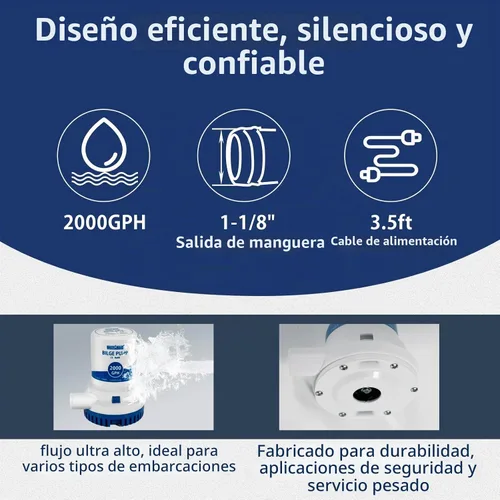 Vista 5 de WASSERMANN Bomba de sentina de 2000 GPH de 12 V, bombas de agua de sentina sumergibles marinas de servicio pesado para barcos con cable