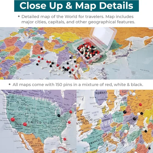 Vista 3 de Mapamundi con alfileres, con marco de 24x36" y alfileres, océanos azules, Cereza (Solid wood Cherry), 24 x 36 pulgadas