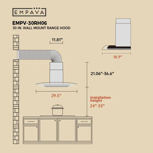 Vista 6 de Empava Campana extractora de montaje en pared de 30 pulgadas, ventilación de escape de estufa de cocina con conductos/sin conductos