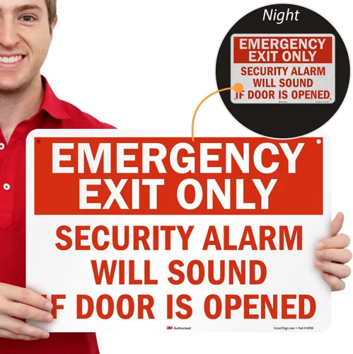 Vista 2 de SmartSign Letrero de metal con texto en inglés «Emergency Exit Only – Security Alarm Will Sound If Door Is Opened», aluminio de 63 mil