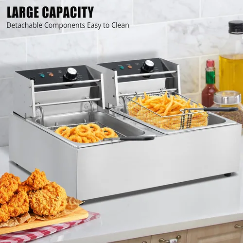Vista 3 de Freidora profunda con canasta, freidora eléctrica de acero inoxidable con 2 cestas – 12 cuartos de galón de capacidad, 3600 W, freidora comercial