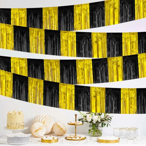 Paquete de 4 guirnaldas de flecos de papel de aluminio de 10 pies para remolque, cortina de oropel de oro negro y dorado, serpentinas para
