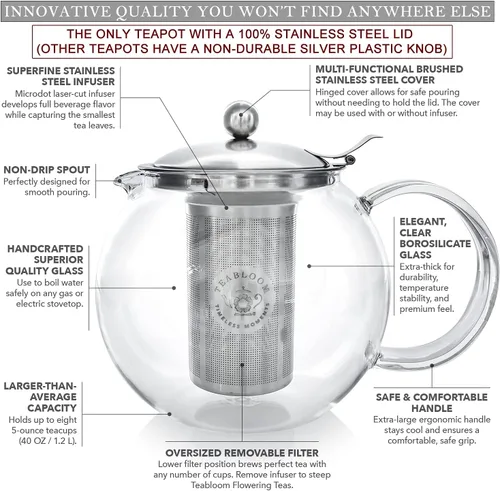 Vista 3 de Teabloom Tetera y tetera de vidrio todo en uno – Tetera de vidrio de borosilicato resistente al calor con infusor de té suelto de acero inoxidable