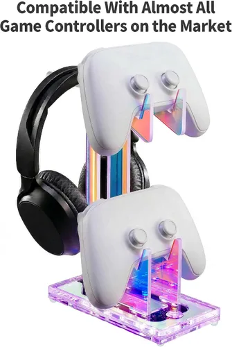 Vista 5 de NiHome Iridescent LED Lighting Acrylic Multi-Tier Game Controller Holder & Headset Stand, USB-Powered 7 Colors & 3 Modes, Anti-Slip Gaming