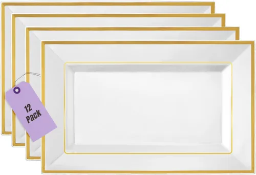 Vista 11 de Bandeja de Servir de Plástico Transparente (Paquete de 4) Bandejas y Platos Desechables Transparentes con Borde Dorado para Servir Alimentos